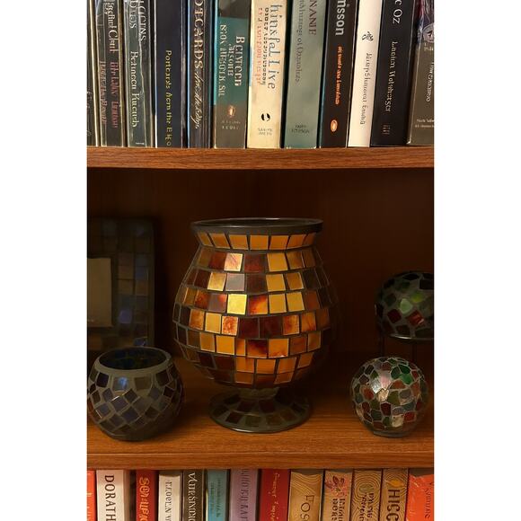 Vintage Mosaic Glass Pedestal Vase CandleHolder 8” tall Gold Amber Brown - Picture 4 of 7